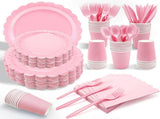 Pink Scalloped Edge Disposable Party Tableware Set - 175 Pieces for 25 Guests - Food Grade Paper V888-ELOSUNG57093