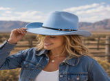 Western Cowboy Hat - Sky Blue Wide Brim Cowboy Hat with Leather-Look Band, Metal Rivet and Square V888-ELOSUNG57114-5