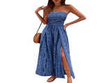 Women'S Tube Jumpsuits Boho Print Loose Sleeveless Smocked Rompers Wide Leg Long Slit Khaki XL V1370-AZ4-10420