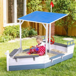 Keezi Kids Sandpit Wooden Box Boat Canopy Flag Outdoor Toys Children Blue SAND-BOAT-210-CANOPY-WH