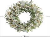 24 Inch Summer Spring Ivory Flowers Wreath for Front Door, Everyday Lamb Ears Leaves Wreath with V1258-DP02-C-2642
