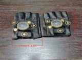 Steampunk Compass Half - Finger Gloves Pure Sheepskin with Gear Decor, Retro Mechanical Style, V1232-PKST002