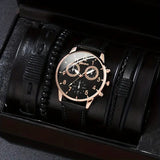 men's bracelet watch set, single calendar watch, fake three eye watch, canvas quartz watch, PU V1347-937-91694-BLK-9