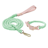 Mint green Hand-Woven Rainbow Cotton Rope Dog Leash and Collar Set - Adjustable Veg-Tanned Leather V888-ELOSUNG18448