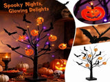 Halloween Tabletop Spooky Tree with LED Lights, 14" Black Artificial Twig Tree with Pumpkin & Bat V1366-AZ2-W-24728
