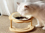 Ceramic Pet Feeder with Wood Stand Tilted Cat Bowl for Comfortable Eating, Anti-Tip DesignZhu V1385-FTCWW-ZM-002