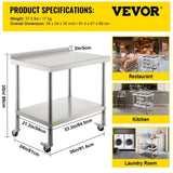 VEVOR Stainless Steel Work Prep Table Kitchen Work Table 36x24in w/ 4 Casters V952-BXGYDGZ362435W02CV0