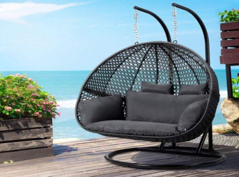 Gardeon Outdoor Swing Chair Hanging Rattan Patio Furniture Pod Stand Cushion 2 Seater HM-B-EGG-TAT-D-J-BKGR-AB