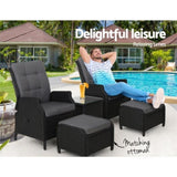 Gardeon 5PC Recliner Chairs Table Sun lounge Wicker Outdoor Furniture Adjustable Black ODF-RCL-RW-CHOTTB-5BK