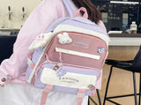 Women's Large Aesthetic Backpack Purple Nylon Daypack with Cute Bear Plushie & Pins For High V888-ELOSUNG41089