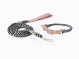 Grey Hand-Woven Rainbow Cotton Rope Dog Leash and Collar Set - Adjustable Veg-Tanned Leather Trim V888-ELOSUNG18433