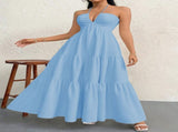 Blue M Size Women's Elegant Halter Maxi Dress Summer Backless V-Neck Sleeveless Long Beach Resort V888-ELOSUNG41131