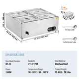 Commercial Electric Food Warmer Countertop Buffet 4*12 Qt Pan Bain Marie V952-BW4412QT1200W2SZRV3