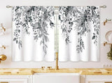 Blue Grey Eucalyptus Botanical Leaves Floral Kitchen Window Curtains Over Sink Farmhouse Flower Leaf V1192-AZ-W-25014
