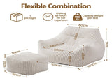 Artiss Bean Bag Sofa w/Ottoman Corduroy for Adults Teens White SBED-N-01-WH