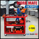 3-Tier Heavy Duty Steel Tool Trolley - Workshop Cart with Pegboard, Hooks and Locking Swivel Casters V465-95241