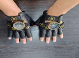 Steampunk Compass Half - Finger Gloves Pure Sheepskin with Gear Decor, Retro Mechanical Style, V1232-PKST002