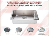 600x450mm Handmade 1.5mm 16 Gauge Stainless Steel Kitchen Laundry Sink with Waste V63-846391