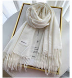 White Winter Cashmere-Like Scarf and Gloves Gift Set for Women - Solid Color Tassel Warm Neck Wrap V888-ELOSUNG53108