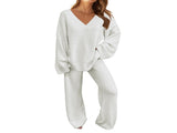 Women's 2-Piece Set Fuzzy Fleece Pajamas Set Long Sleeve Loungewear White White L V1237-ZY-203-4333