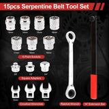 15PCS Serpentine Belt Tool Kit Tensioner Pulley Alignment Wrench Crow Socket V1097-BSTZ-0001