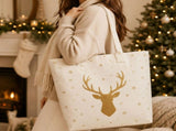 Elegant Gold Reindeer Snowflake Tote Bag, Holiday Large Everyday Carry Handbag, Spacious Structured V1192-AZ-W-24668