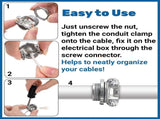 50 Pack 1/2 Inch Clamp Type Cable Connectors, Zinc Alloy and Steel Electrical Conduit Fittings for V1259-DP01-A-1020