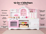 Keezi Wooden Kids Pretend Kitchen Playset with 29pc Food Set Pink White PLAY-WOOD-PRINCESS-3IN1