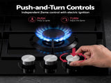 Devanti 59cm Gas Cooktop 3 Burner Knob Control Glass Hob Cast Iron Black CT-GAS-3B-BK