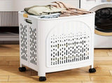 A wheeled foldable plastic laundry basket, suitable for dirty clothesnd easy to move. It features V1102-XYL001
