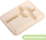 50 Pack 5 Compartment Disposable Paper Plates, 11" x 8" Compostable Bagasse School Lunch Tray, V1259-DP01-A-896