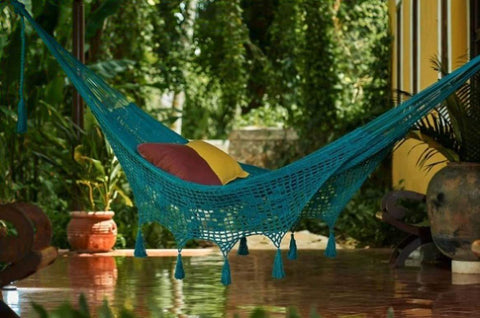 Outdoor undercover cotton Mayan Legacy hammock with hand crocheted tassels King Size Bondi V97-TDKBONDI