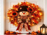 Lighted Scarecrow Fall Wreath for Front Door, Autumn Harvest Sunflower Maple Wreath and Farmhouse V1369-AZ3-W-13676