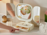 Milky White LED Lighted Tri-Fold Makeup Mirror with Storage Drawer & Magnification V888-ELOSUNG21492