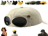 Aviator Style Baseball Cap with Integrated Goggles,Retro Pilot Style Hats Canvas Baseball Cap with V1107-922-93509-BEG