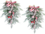 2 PCS 20 Christmas Candy Cane Frosted Pine Needle Teardrop Swag Wreath for Front Door, Xmas Swag V1258-DP02-C-2708