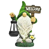 Solar Powered Flocked Gnome Garden Statue Resin Elf Figurine Outdoor Decorative Light Weather V1366-AZ2-W-17173