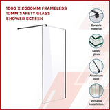 1000 x 2000mm Frameless 10mm Safety Glass Shower Screen V63-829911