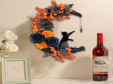 Halloween Moon & Cat Wreath with Lights - Gothic Black Branch Wreath for Front Door, Indoor/Outdoor V1366-AZ2-W-16564