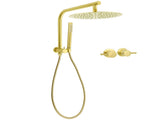 Brushed Gold Round Large 12" Rain Shower Head One Spray Handheld Rose Gooseneck Arm Twin Taps Set V1233-A703GSS019CBGKSR112GCPF0282AG