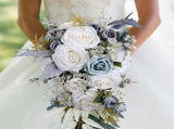 Wedding Bouquets for Bride Artificial Silk Rose Bouquets, Champagne Grey Blue Cascading Floral V1366-AZ2-W-21074