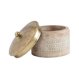 Hand Carved Round Wood Box W Pressed Metal Lid 13cm V637-59060BOX