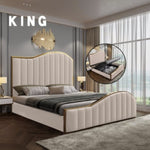 Elegant Luxury King Size Bedframe in Beige with Gas Lift Storage Velvet Fabric Golden Trim V357-STARSHINE-KING-BEIGE