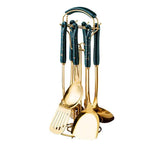 Dark Green Gold Stainless Steel Kitchen Utensil Set - 7-Piece Golden Cooking Tools with Stand V888-ELOSUNG15848