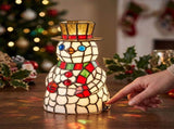 Christmas Snowman Lamp, Handcrafted Stained Glass Style Figurine Light With Top Hat and Scarf, Warm V1366-AZ2-W-13183