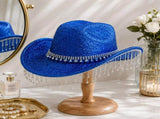 Blue Rhinestone Fringe Cowboy Hat - Sparkling Western Party Hat with Round Gemstone Band and Crystal V888-ELOSUNG57115-5