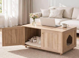 Artiss 2-In-1 Coffee Table Pet Cat House Wooden Side Table Storage Cabinet 80x50x55CM FUR-AF-COF-01P-WD