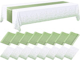 16 Pcs White and Sage Green Disposable Plastics and Satin Table Runner Set 54x108 Inch V1258-DP02-WO-123