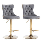 4x Height Adjustable Swivel Bar Stool Velvet Studs Barstool with Footrest and Golden Base- Grey V226-SW1912GY-2