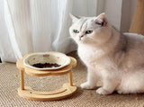Ceramic Pet Feeder with Wood Stand Tilted Cat Bowl for Comfortable Eating, Anti-Tip DesignPearl V1385-FTCWW-ZM-006